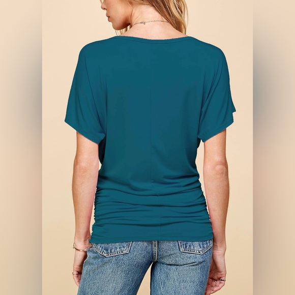 Casual Solid Short Sleeve Boat Neck Dolman Top with Side Shirring -teal - Picture 4 of 5